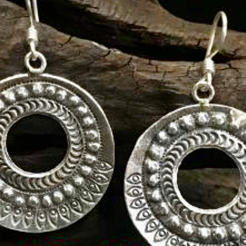 Tribal disks - hill tribe silver  earrings