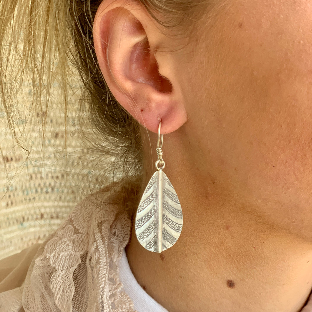 Large Leaf Detail Silver Earrings